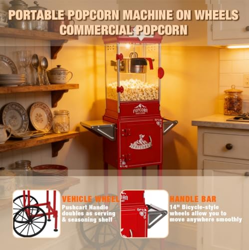 Image of Popcorn Machine with Cart,Wheels & 10 Oz Kettle Popcorn Maker Measuring 3 plastic spoon Home Theater Popcorn Machine-Red