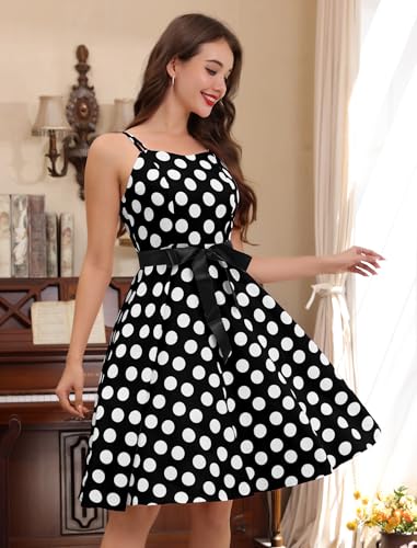 Image of Women Vintage Polka Dot 1950s Rockabilly Halter Audrey Dress Retro Floral Evening Cocktail Swing Dress