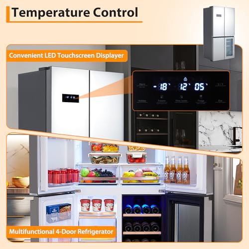36 Inch Refrigerator and Freezer, 21 Cu. Ft Counter Depth Fridge French Door Refrigerator with Wine Cooler, 4-Door Fridge with Automated Defrost & Touch Screen, Interior LED Light