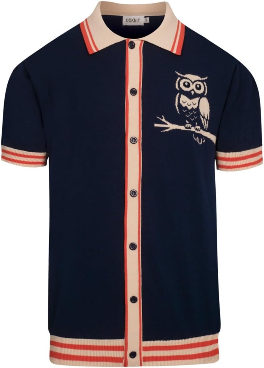 OXKNIT Men's Knit Short Sleeve Shirts Button Down Vintage Knitted Polo Shirt Owl Pattern Dark Blue Cotton Polo