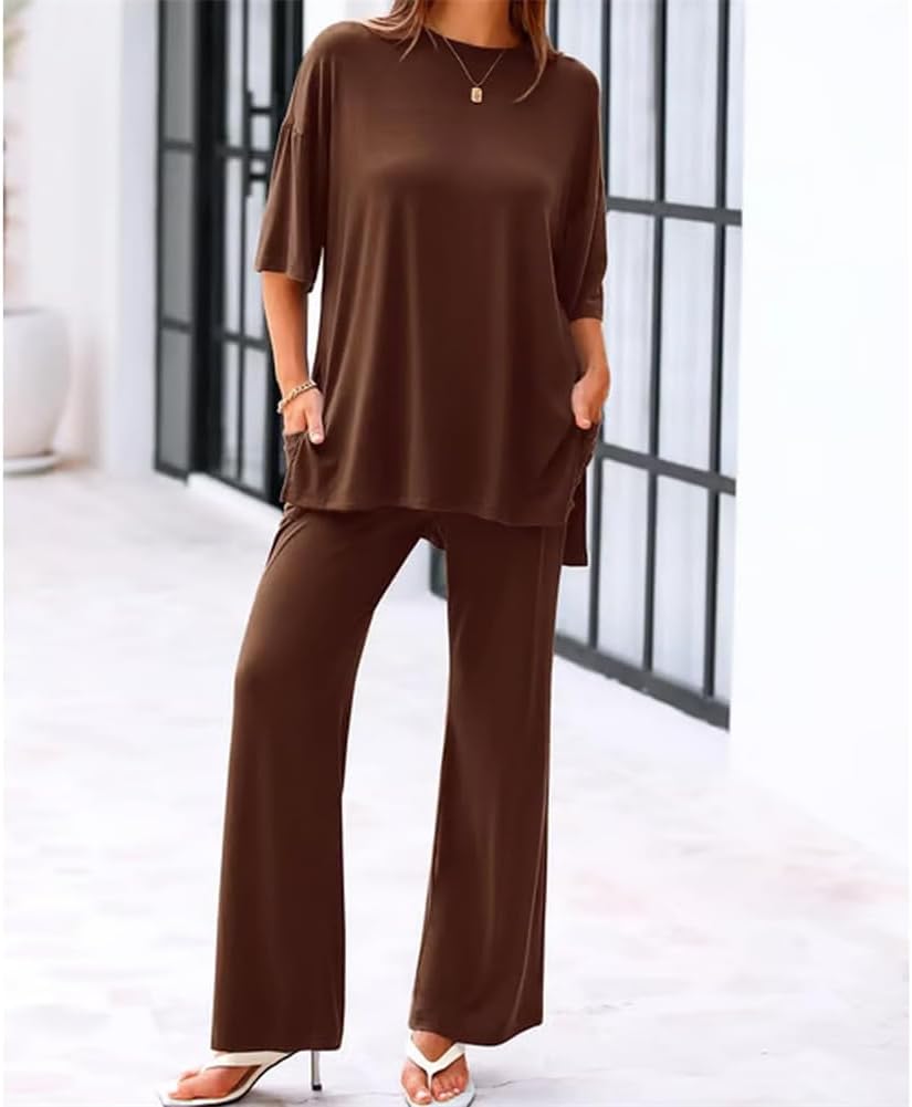 Casual 2-Piece Loose-Fit Short Sleeve Top & Wide-Leg Pants, Womens Summer 2 Piece Outfits Womens Lounge Set, with Pockets