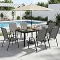 PATIOPIA 7-Piece Outdoor Dining Set, All Weather Patio Table and Chairs Set with Umbrella Hole for 6, Rectangular Steel Slat Table and 6 Textilene Chairs for Garden, Backyard, Poolside and Deck, Grey