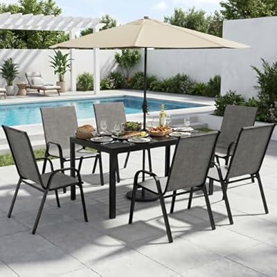 PATIOPIA 7-Piece Outdoor Dining Set, All Weather Patio Table and Chairs Set with Umbrella Hole for 6, Rectangular Steel Slat Table and 6 Textilene Chairs for Garden, Backyard, Poolside and Deck, Grey