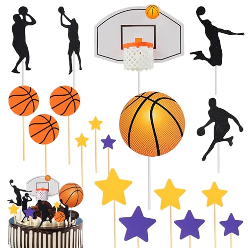 Silars Decoracion Tarta Baloncesto, 18pzs Topper Tarta Decoracion para Pastel de Baloncesto, Happy Birthday Basketball Cake Topper para Decoraciones de Pasteles de Cumpleaños