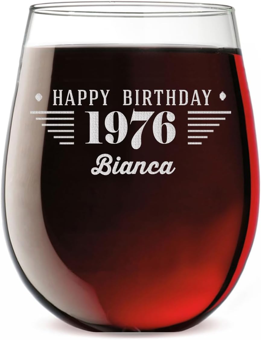 Personalized Vintage 50th Etched 17oz Stemless Wine Glass – Custom 1976 Happy 50th Birthday Gifts for Women Men, Cheers Turning 50 Year Old, 50 Bday Party Favor, Gift Idea Her Sister Wine Lover 1.0