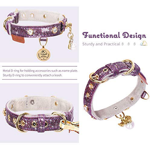 Image of Cat Collar, Dog Collar, [Bling Rhinestones] PU Leather Adjustable Pet Collar with Luxury Pendant for Cat and Small Dog Extra Small Purple