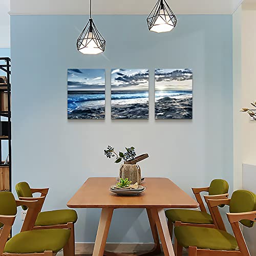 Canvas Wall Art for Living Room & Bedroom - Blue Beach Wall Pictures - Sun & Ocean Paintings - Office Wall Decoration - Seascape Poster Art Prints - Large Size - 20" X 28" - 3 Piece