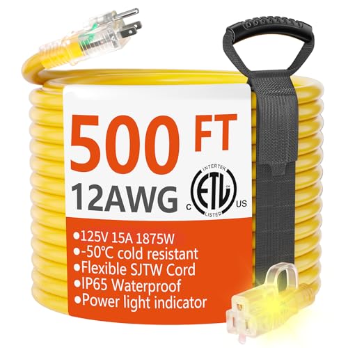HUANCHAIN 500 ft Outdoor Extension Cord Waterproof 12/3 Gauge Heavy Duty with Lighted end Flexible Cold-Resistant 3 Prong Electric Cord Outside 15Amp 1875W 12AWG SJTW Yellow ETL
