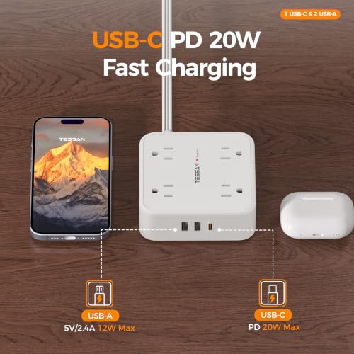 Image of TESSAN Surge Protector Power Strip, 15 Ft Flat Plug Extension Cord with 3 USB (1 USB C 20W PD) 8 Outlets, 1250W, 900J Protection, 3 Sided Outlet Extender with Power Switch for Office, Dorm Room, White