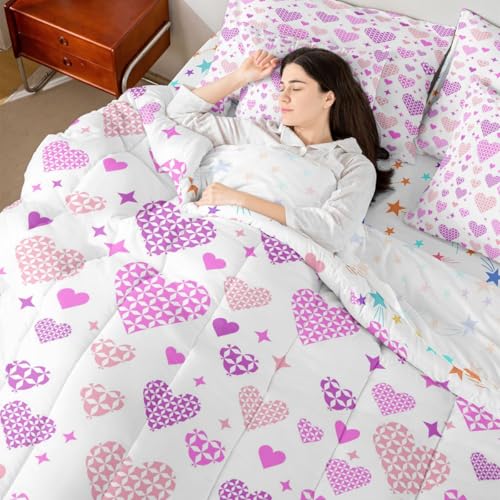 Image of Erosebridal Love and Heart 7 Piece Bed in A Bag Full Cute Heart Pattern Bed in A Bag Pink Purple Valentine Bedding Sets for Kids Girls Love Geometric Sheet Set with Comforter