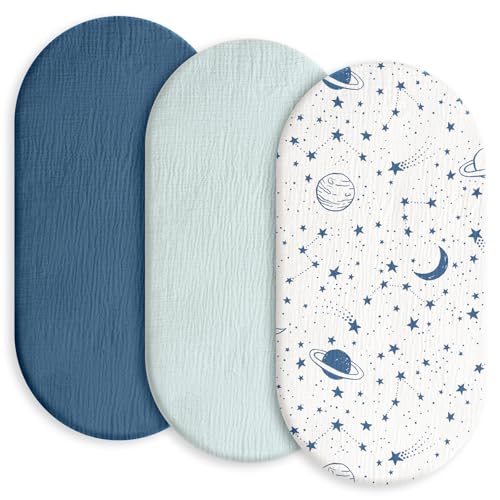 Image of Gllquen Baby Muslin Bassinet Sheets 3 Pack, Breathable Elastic Cozy Fitted Cotton Bassinet Mattress Sheet for Baby Boy Girls, Fit for Hourglass Oval Rectangular Cradle Pad Sheets 33"x17" (Blue)