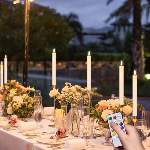 Image of GenSwin Flameless Taper Candles with Remote, Real Wax and Color Changing Wick LED Taper Candles Battery Operated, 6 Pcs Flameless Candlesticks for Halloween Christmas Decor(Ivory, 0.78 inchx9.6 inch)