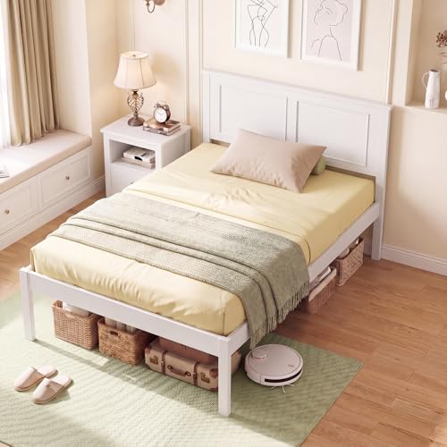 Giantex Wood Twin Bed Frames with Headboard Mid-Century Modern Platform Bed w/Wooden Slat Support Solid Mattress Foundation Under-Bed Storage Space No Box Spring Needed White