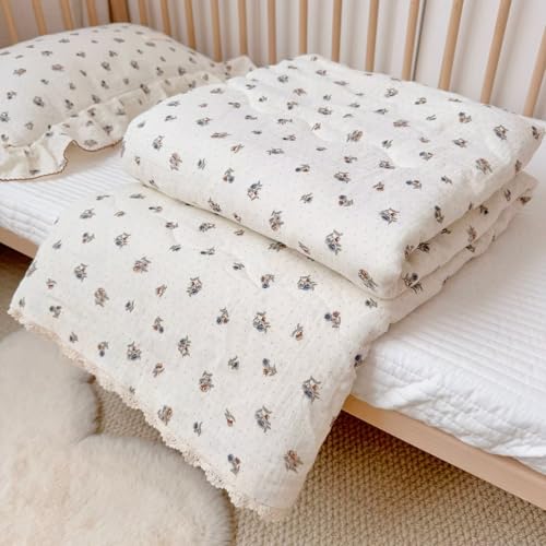 Image of BuLuTu Musiln Cotton Kids Quilt Twin Size Bed Blanket Chic Pansy Floral Print Comforter for Girls Boys Children Bedroom, Soft Breathable Kids Comforter with Lace Edges, 60x78 Inches
