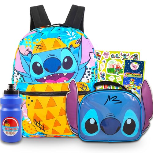 Disney Lilo And Stitch Backpack and Lunch Box Bundle - 4 Pc Set With 16' Stitch School Bag, Stitch Lunch Bag, And More For Boys And Girls | Stitch School Supplies Set