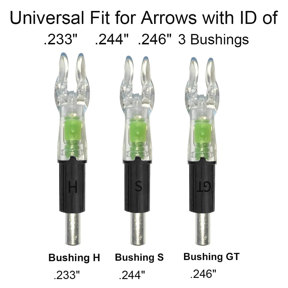 NoxDyn 12-Pack Green LED Lighted Nocks - Auto-Illuminated, High Visibility, Universal Fit .204 .233 .244 .246 ID X/H/S/GT Bushings