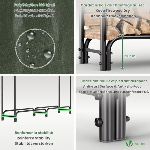 VOUNOT Kaminholzregal Aussen Metall, Brennholzregal Außen, Feuerholzregal Outdoor mit wasserdichte Abdeckung, 200 x 116 x 36 cm, Schwarz