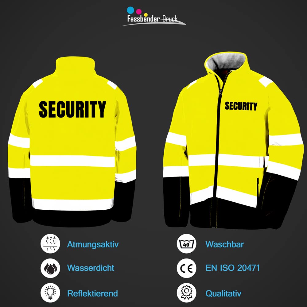 SECURITY Sicherheitsjacke GELB aus Softshell - Gelb Warnjacke nach EN ISO 20471 zertifiziert - Unisex und hochwertigem Reflektorstreifen