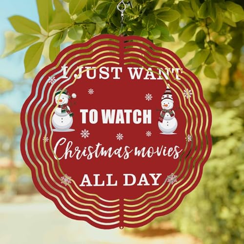 I Want to Watch Christmas Movies All Day Wind Spinner for Garden Yard 3D Stainless Steel Hanging Wind Spinners, Xmas Snowman Spinners Outdoor Metal Decor for Lawn Patio Home