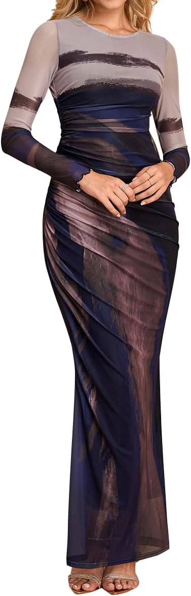 VKIHOC Floral Long Sleeve Maxi Dress Mesh Ruched Bodycon Formal Cocktail Dresses for Women 2026