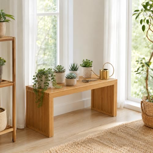 Image of APRTAT Bamboo Dining Bench 35 Inch Indoor Wooden Shoe Benches for Entryway