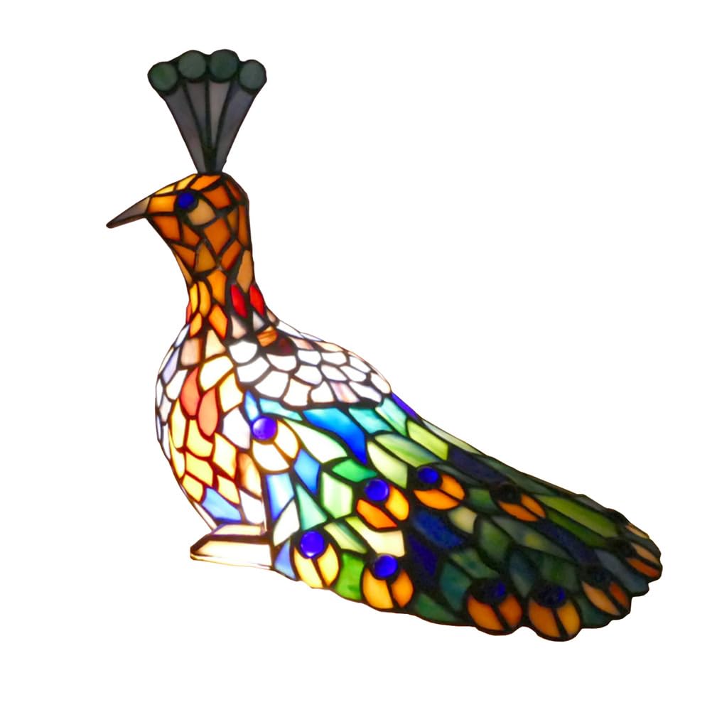 Pequeña lámpara de Noche Estilo Tiffany Mini lámpara de Mesa Decorativa Pantalla de Vidrio Manchado Color Verde Azul con diseño de Pavo Real lámpara de Lectura para Dormitorio mesita de Noche