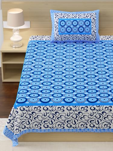 Image of RajasthaniKart Pure 100% Cotton Single Bed Sheet with 1 Pillow Cover (Bedsheet for Single Bed Cotton, Blue Circles)
