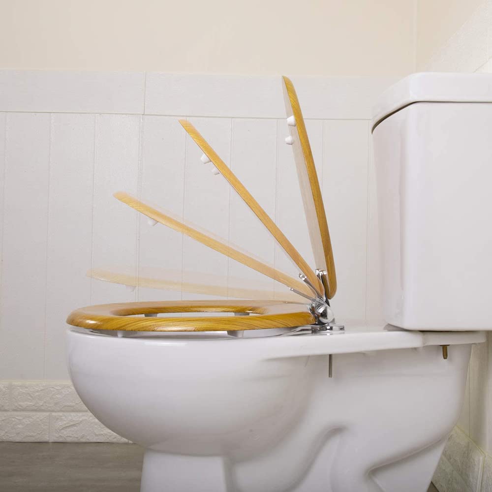 Länglicher WC-Sitz mit langsam schließendem Deckel – Naturholz-Finish, schwarze Walnuss, Edelstahl-Schnellverschluss-Scharniere