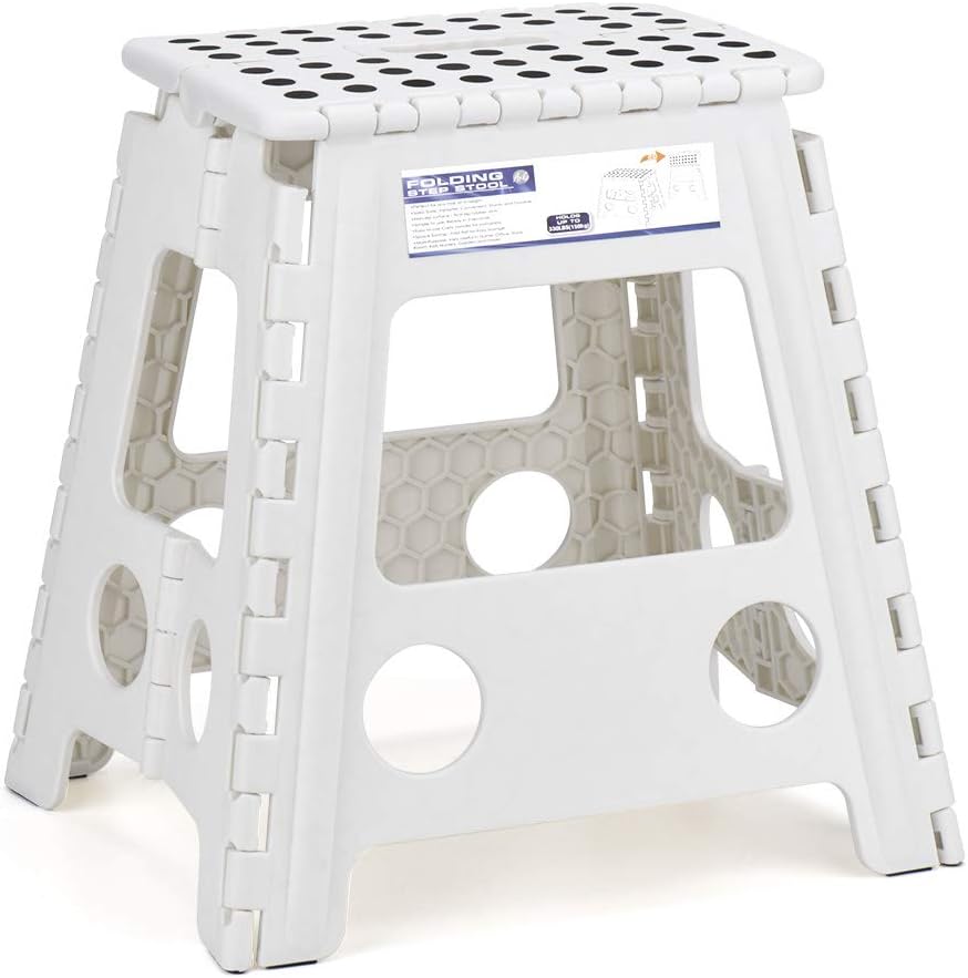 ACSTEP Foldable Stool, 16" Compact, 300-pound Capacity Non-Slip Folding Step Stool, Heavy Duty Adult Stool for Home or Travel Fishing Using-White