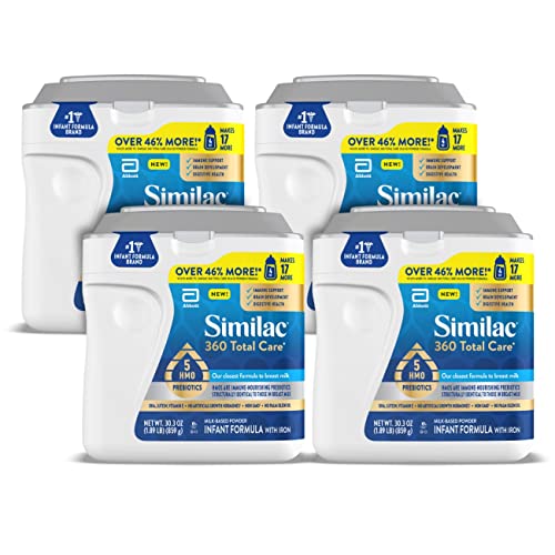 Similac 360 Total Care Infant Formula, with 5 HMO Prebiotics, Our Closest Formula to Breast Milk, Non-GMO, Baby Formula Powder, 30.3-oz Tub (Case of 4)