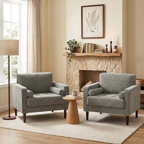 Image of Accent Chairs Stet of 2, Chenille Upholstered Armchairs for Living Room, Comfy Single Sofa Bedroom Reading Seat with 2 Bolster Pillows, Taupe