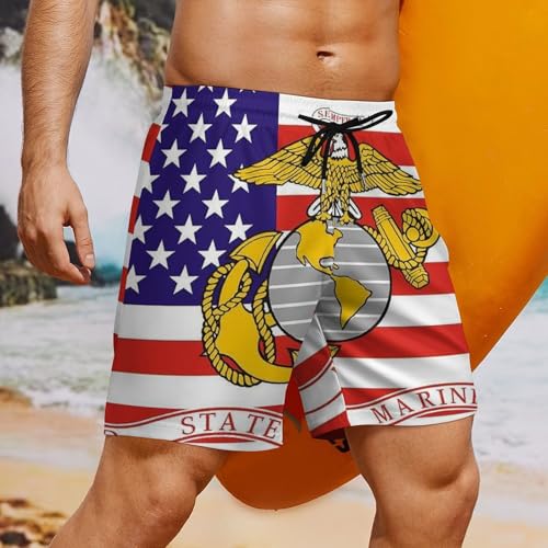 Mens Marine Corps Military Flag Swim Trunks Pockets Beach Board Shorts Drawstring Swimsuit with Mesh Lining 6