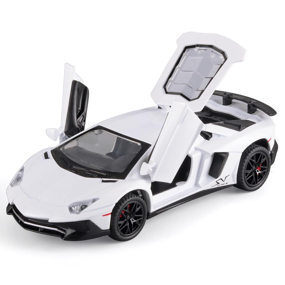 White Lambo Aventador Toy Car Model Pull Back Vehicles Diecast with Light & Sound