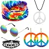 JORAKI Hippiekostuum set van 6 hippie accessoires vredesteken halsketting oorbellen armband regenboog hoofdband zonnebril hippie kostuum jaren ’60 en ’70 themafeest