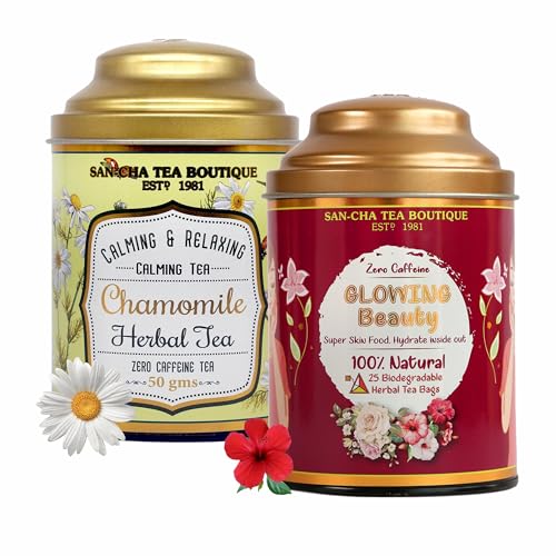 Image of Sancha Tea Boutique, Tea Combo Pack, Chamomile Flower (50g) & Glowing Beauty Teas (25 Pyramid Bags), Skin Glow & Calming Herbal Tisanes, Caffeine Free Teas