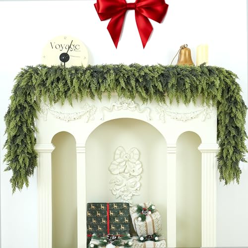 Tasruwat 9FT 1Pcs Christmas Cedar Garland Artificial Realistic Soft Thick Green Faux Lush Cedar Pine Garland for Fireplace Mantel Stairs Doorframe Table Porch Indoor Outdoor Holiday Decor