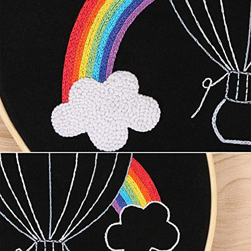Full Range of Embroidery Starter Kit with Pattern, Kissbuty Cross Stitch Kit Including Embroidery Cloth with Pattern, Bamboo Embroidery Hoop, Color Threads and Tools Kit (Rainbow Hot Air Balloon)