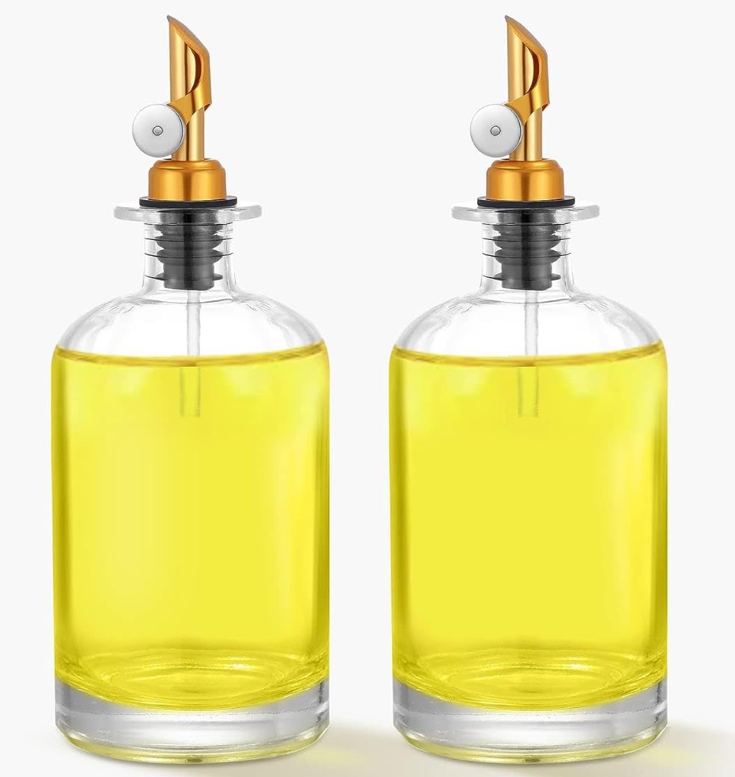 FUFU Oil and Vinegar Dispenser Set, Heavy Duty Olive Oil Dispenser Bottle for Kitchen, Glass Cooking Oil Container Cruet with Leak Proof Spout, 2 Pack