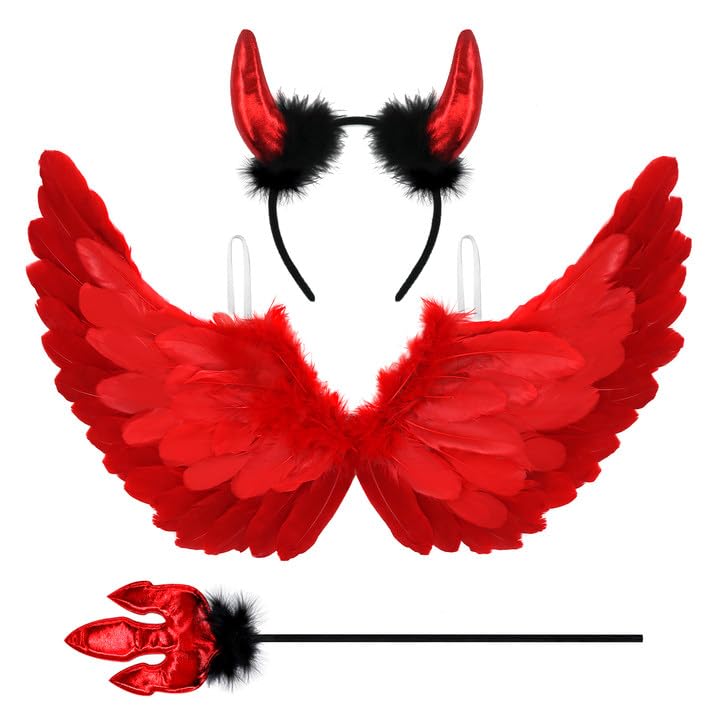Newthinking Angel Wings and Horns for Adults Large Red Feather Wings Halloween Angel Devil Costume Cosplay for Women 80x42cm
