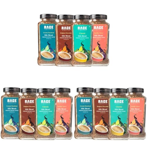 Image of Rage Coffee Silk Blend Instant Coffee Combo Pack of 12 | Classic, Belgian Chocolate, Creamy Hazelnut & Vanilla Velvet | Premium Bold & Smooth Flavors | 120g Each Jar | 100% Arabica | Hot & Cold Brew - 480g