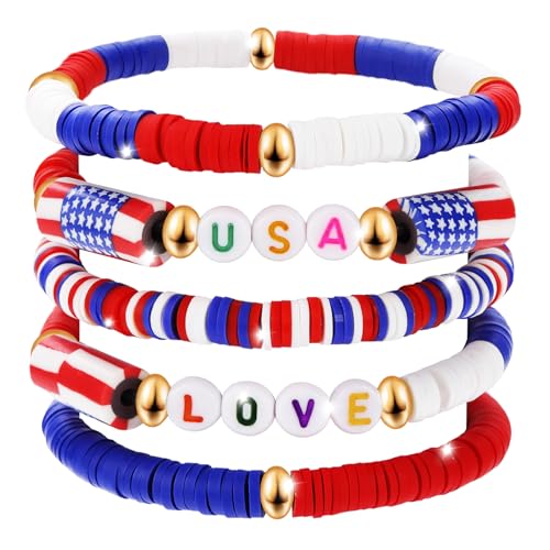 4th of July Outfits for Women- Red White and Blue Bracelets Stackable Beaded Stretchable USA Patriotic Bracelets, Independence Day Fourth of July Jewelry Patriotic USA Accessories & Friendship Gifts