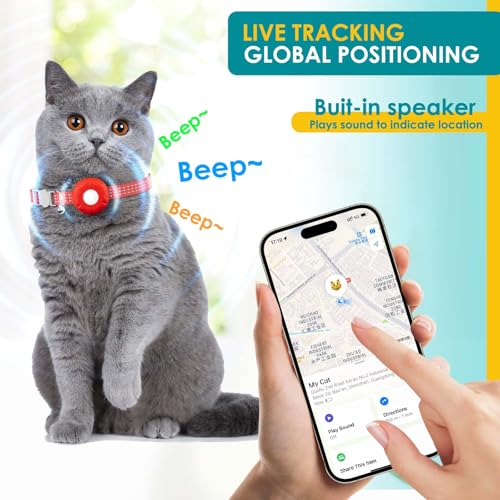 Image of GPS Tracker for Cats, Cat Tracker, Compatible with Apple Find My App (Only iOS), No Monthly Fee, Waterproof, Breakaway Collar Included (White Tracker, Red Cat Collar)