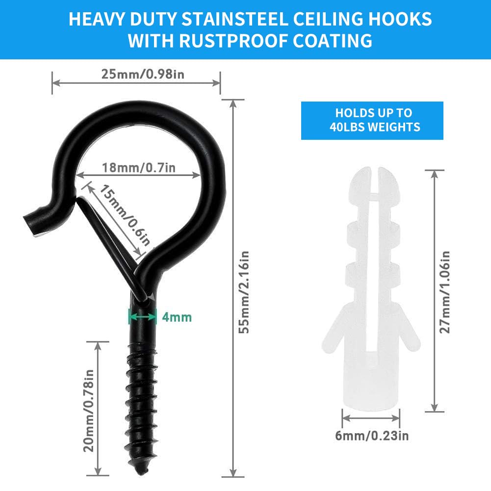 Set 20 Ganci Avvitabili Per Soffitto - Nero, Resistente Fino A 18kg Per Interni Ed Esterni