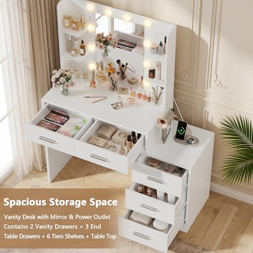 Image of Furmax Makeup Vanity Desk with Mirror and Power Outlet, Vanity with 3 Color Light Options Adjustable Brightness, Vanity Table with 5 Drawers, 6 Storage Shelves, Nightstands (White)