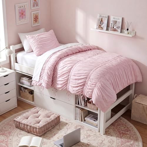 Image of Intelligent Design Ruched Shabby Chic Pink Twin XL Comforter Set, 2pc | Back to School Girls Dorm Bedding Set, French Country, All Season Down Alternative, Cozy, Machine Washable, Lightweight