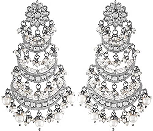 I Jewels Ethnic Silver Oxidised 3 Layered Chandbali Earrings with Kundan and Pearl Work for Women (E2859OX) (B092QXQNXQ) Amazon Price History, Amazon Price Tracker