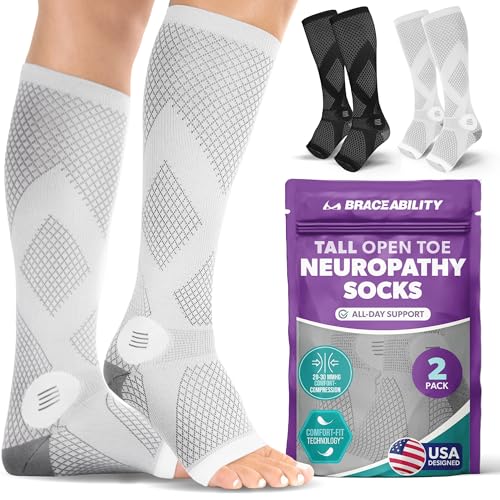BraceAbility Compression Socks for Circulation - 20-30 mmHg Knee High Neuropathy Open Toe Stockings Best for Varicose Veins, POTS, Restless Leg, Toeless Support for Men or Women - 1 Pair (L - Gray)