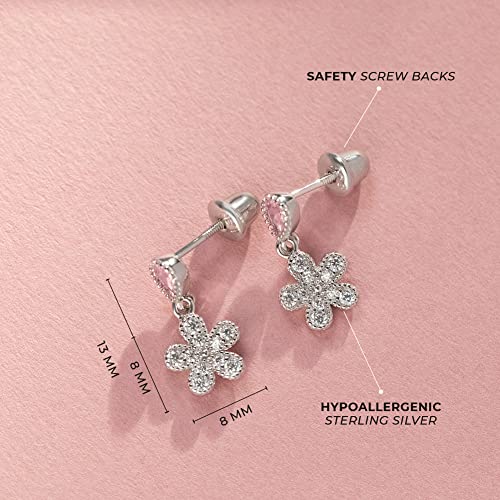 925 Sterling Silver Girl's Pretty Flower Dangles, Clear & Pink Cubic Zirconia Screw Back Locking Earrings, Charming and Timeless for Young Girls & Preteens-Floral Lover Kids Daily Wear4