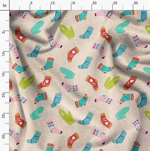 Image of Soimoi White Silk Fabric Socks & Gloves Folk Art Print Sewing Fabric Meter 42 Inch Wide