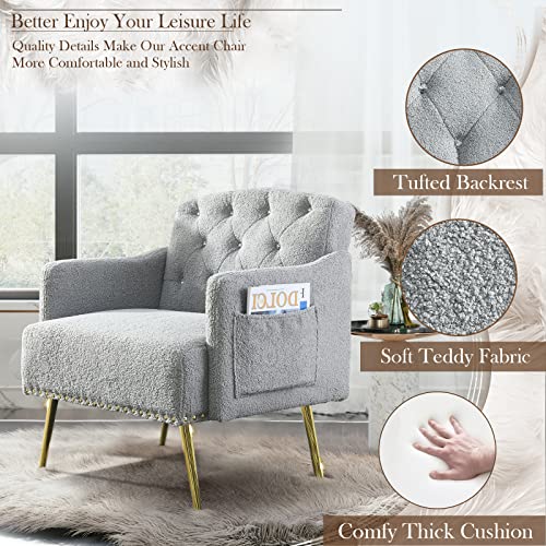 Upholstered Accent Chair, Modern Armchair Single Sofa Arm Chair With Golden Rivet And Metal Legs, Tufted Lounge Reading Chair With 2 Pockets For Living Room, Bedroom, Office, Teddy Gray #TOP1